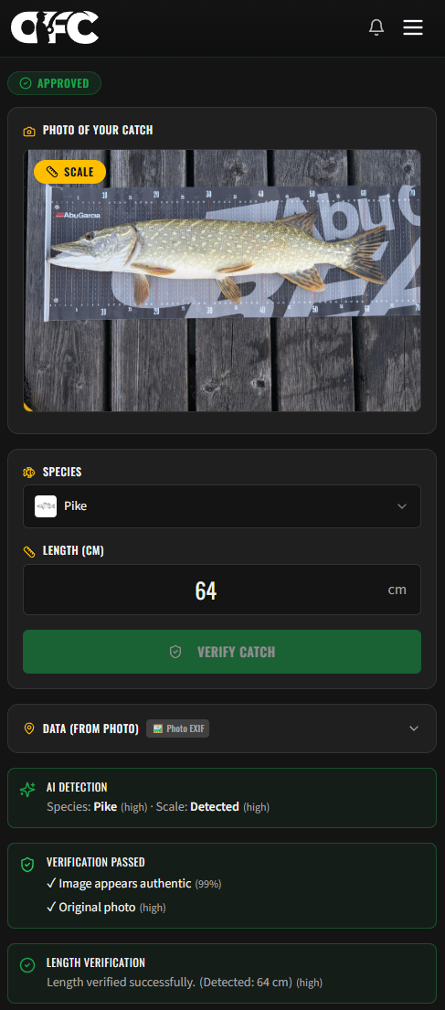 AI check results showing species detection and authenticity verification