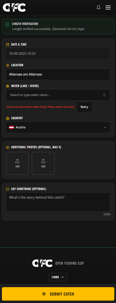 Catch details form with date, location, water body, and country fields