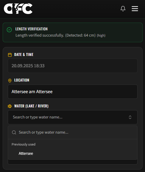 Water body selector showing nearby waters and previously used options