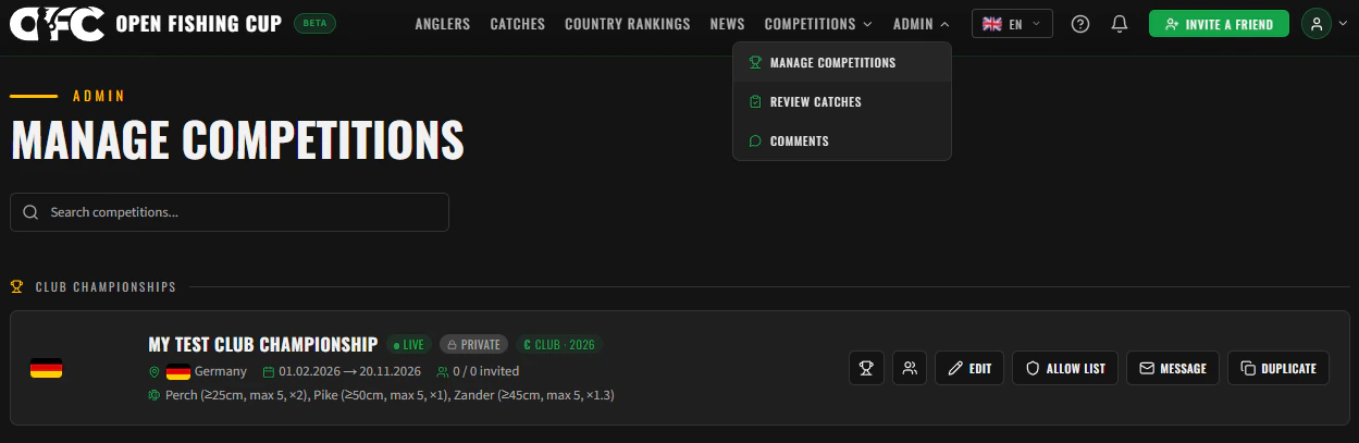 Manage Competitions dashboard with competition cards