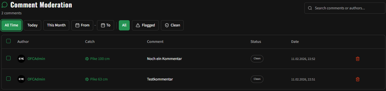 Comment moderation dashboard showing moderation statuses