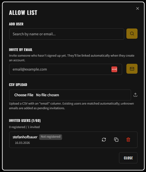 Allowlist management dialog showing search, CSV import, and status badges