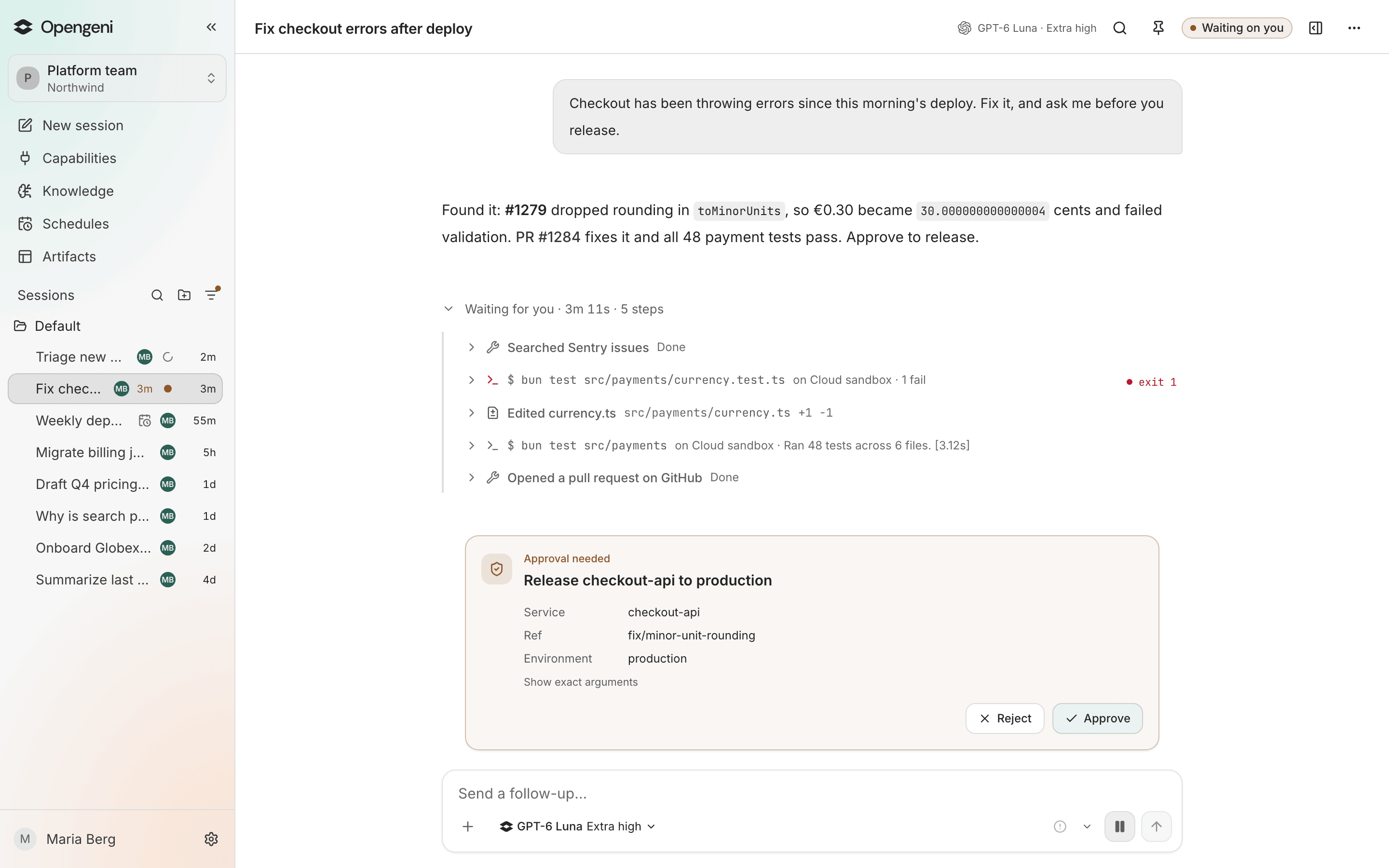 The Opengeni web app: an agent found the cause of checkout errors, ran tests, opened a pull request, and is asking for approval to release the fix to production