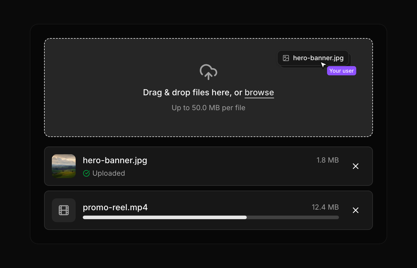 The FileUploader component with files queued for upload