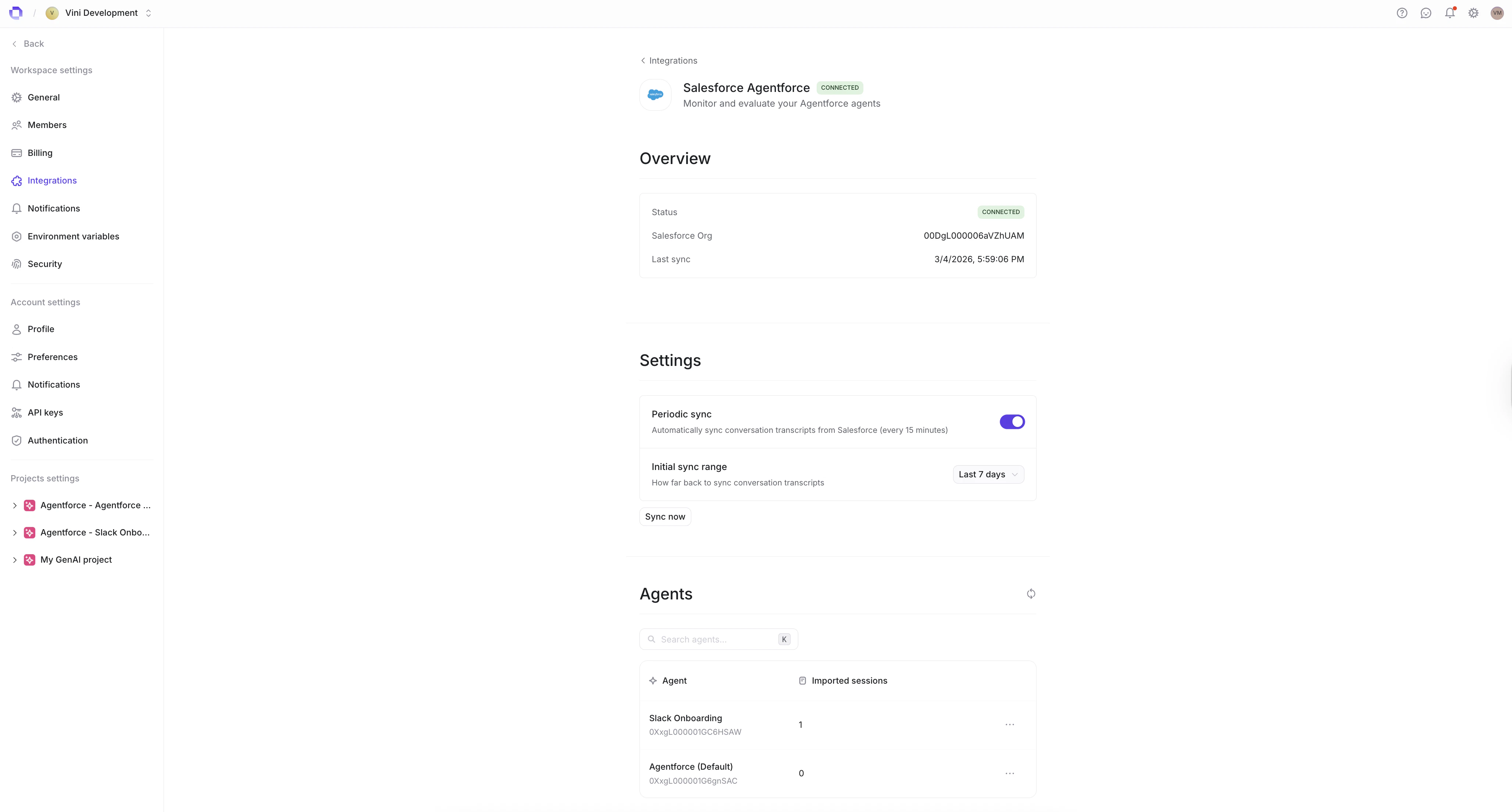 Salesforce Agentforce sync settings and agent list in Openlayer
