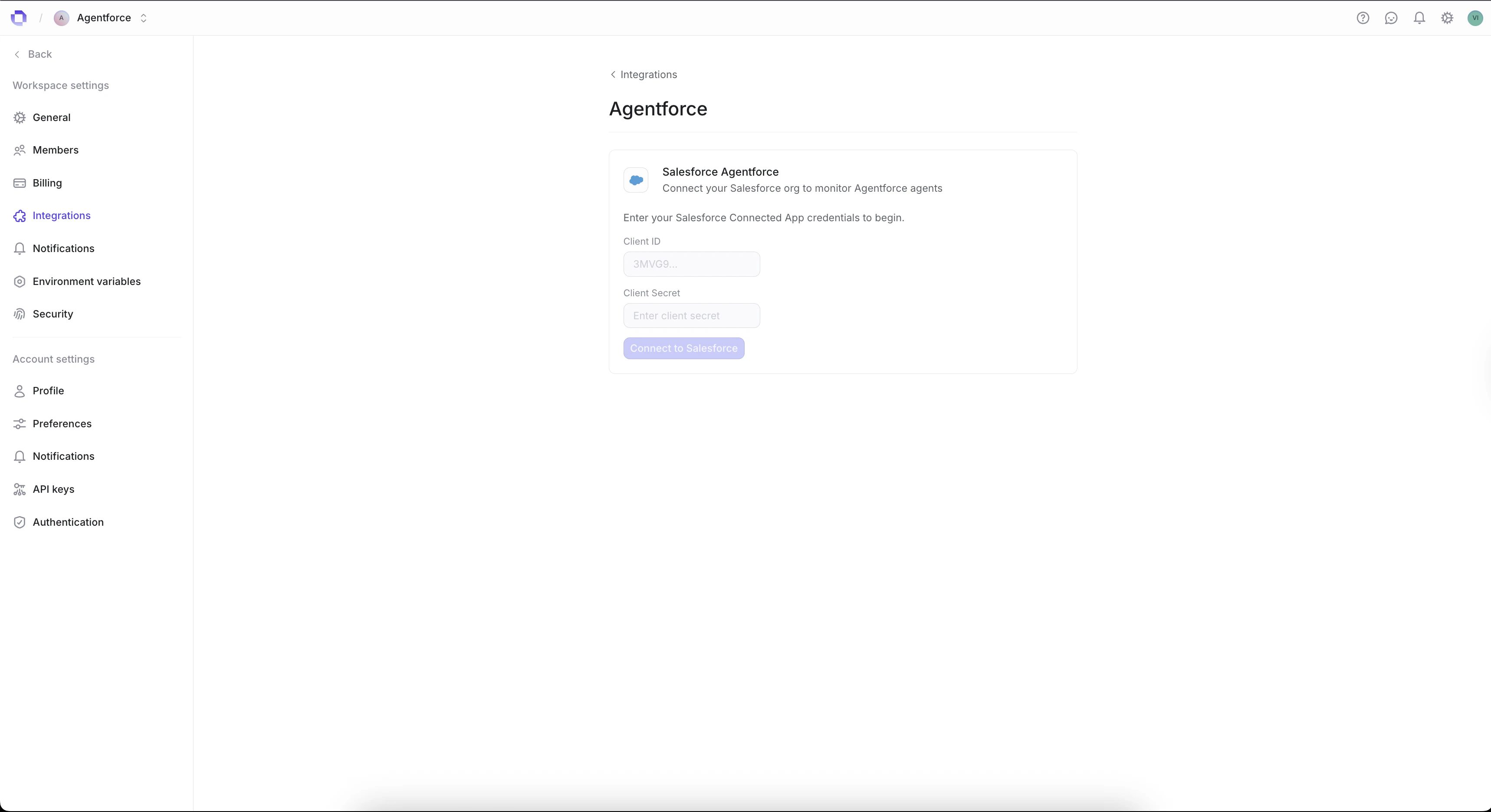 Entering Salesforce Connected App credentials in Openlayer