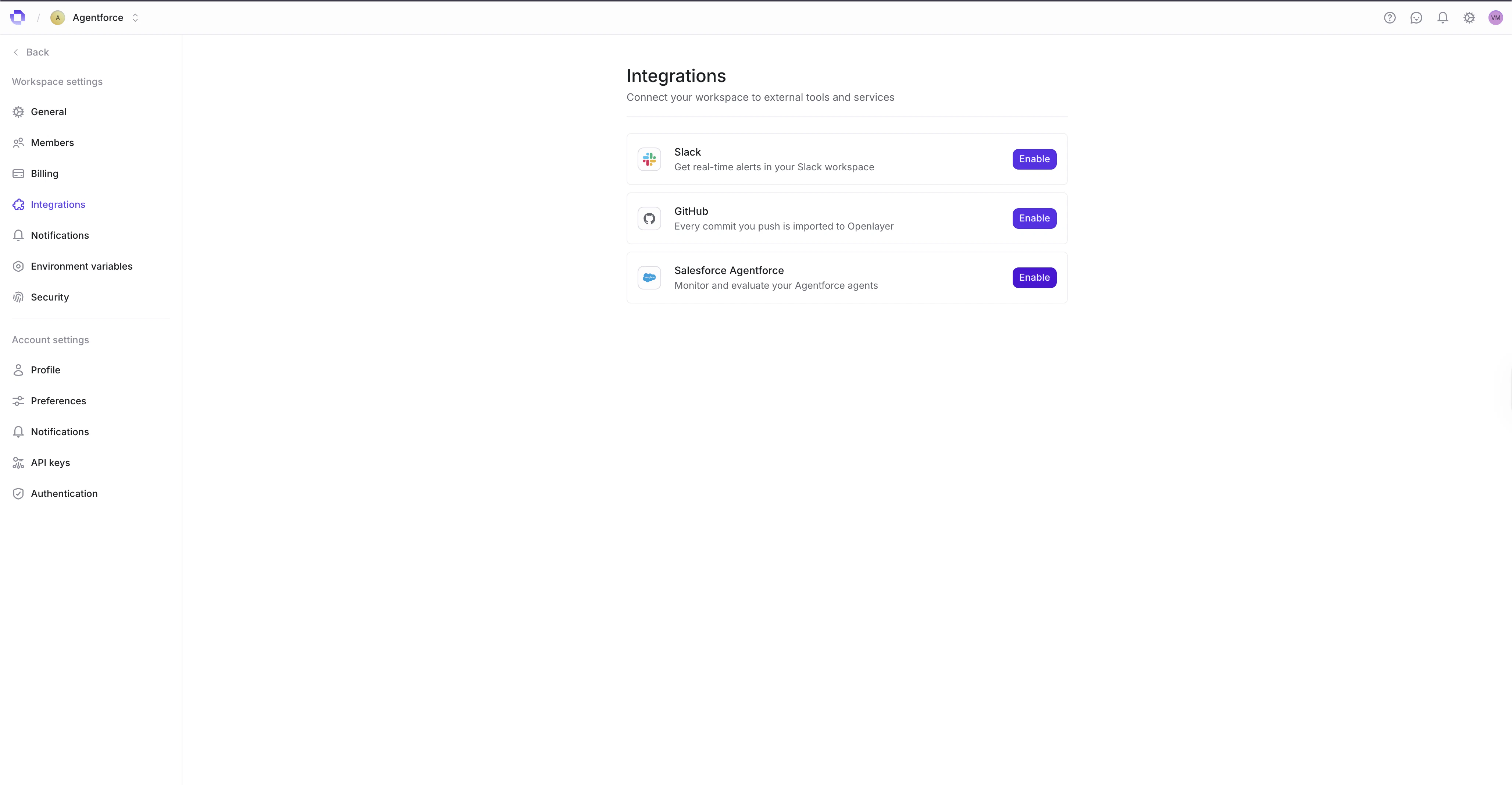 Salesforce Agentforce integration card in Openlayer settings