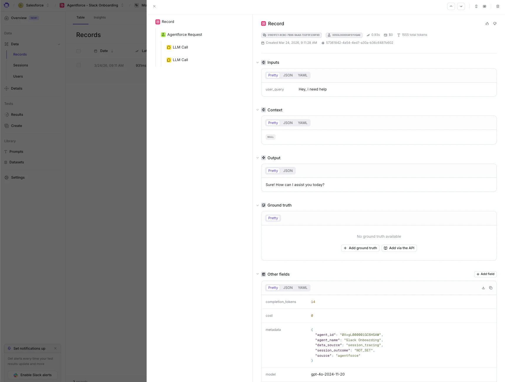 Example conversation trace from an Agentforce agent in Openlayer