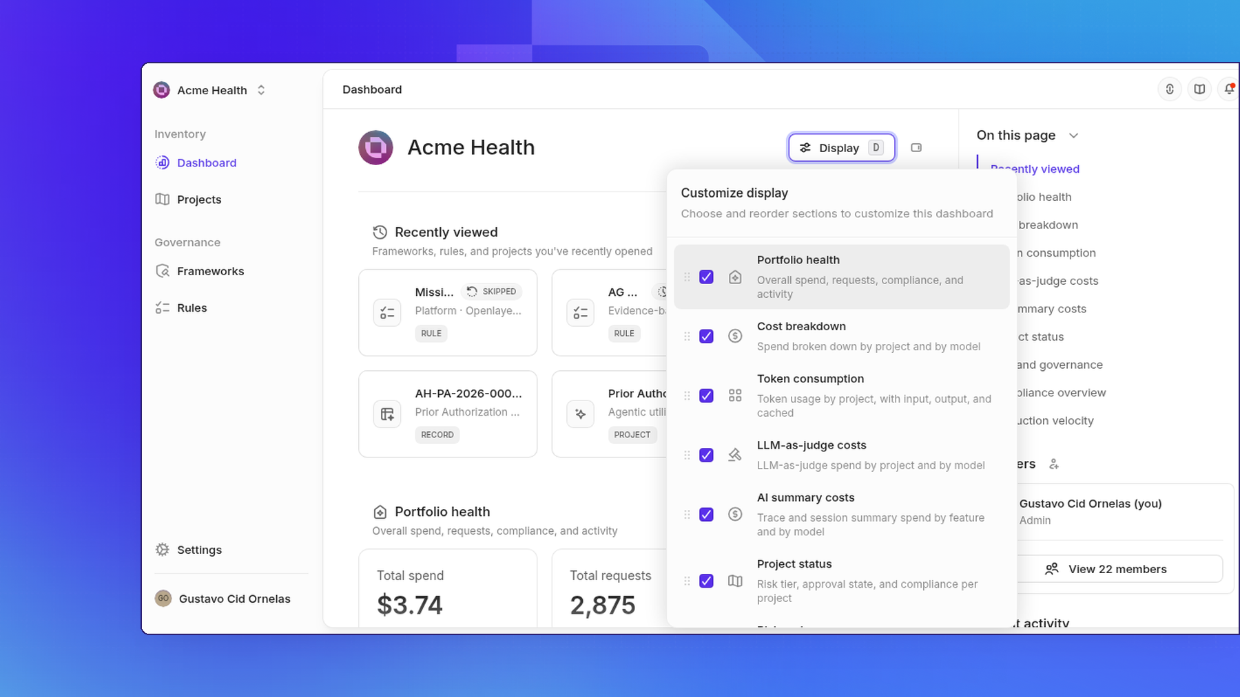 Workspace dashboard customize