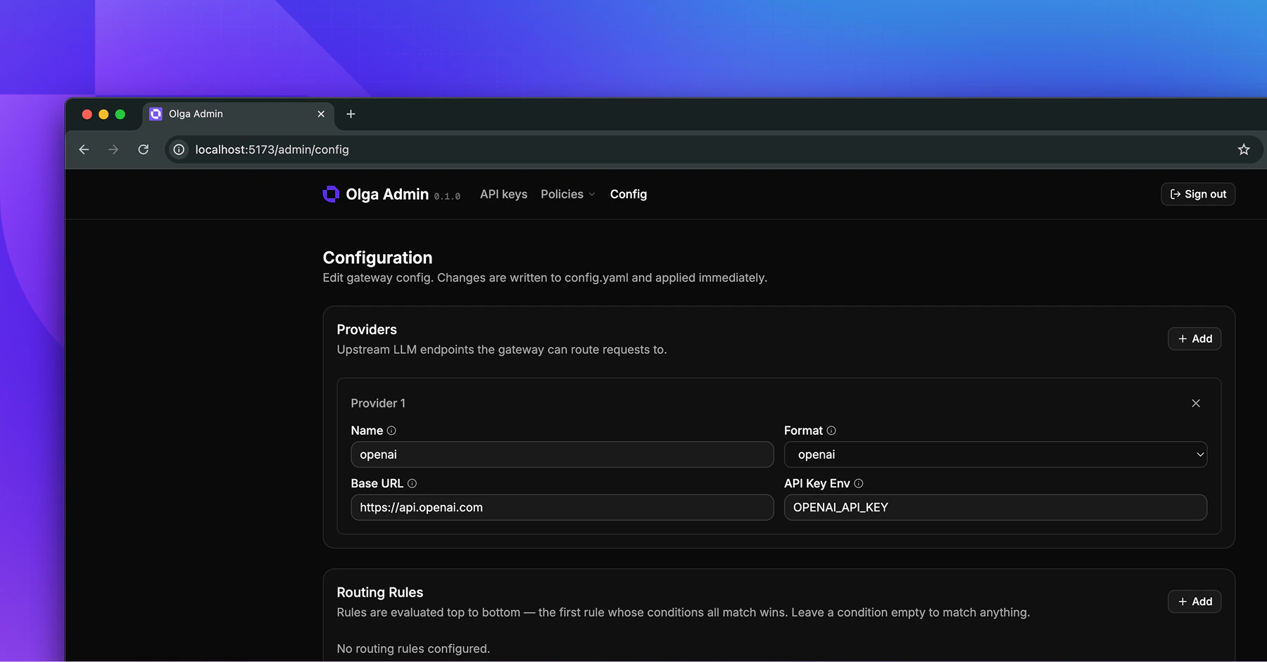 Connecting a provider on the Config page