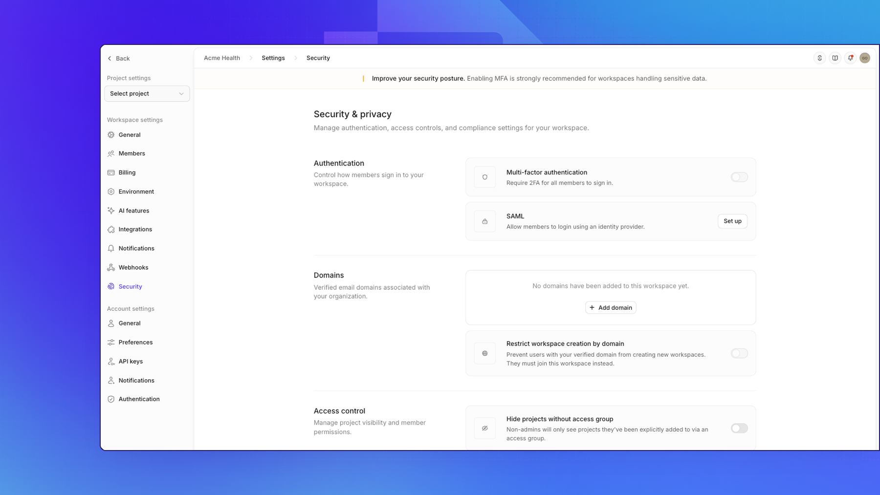 The Security and privacy page in workspace settings