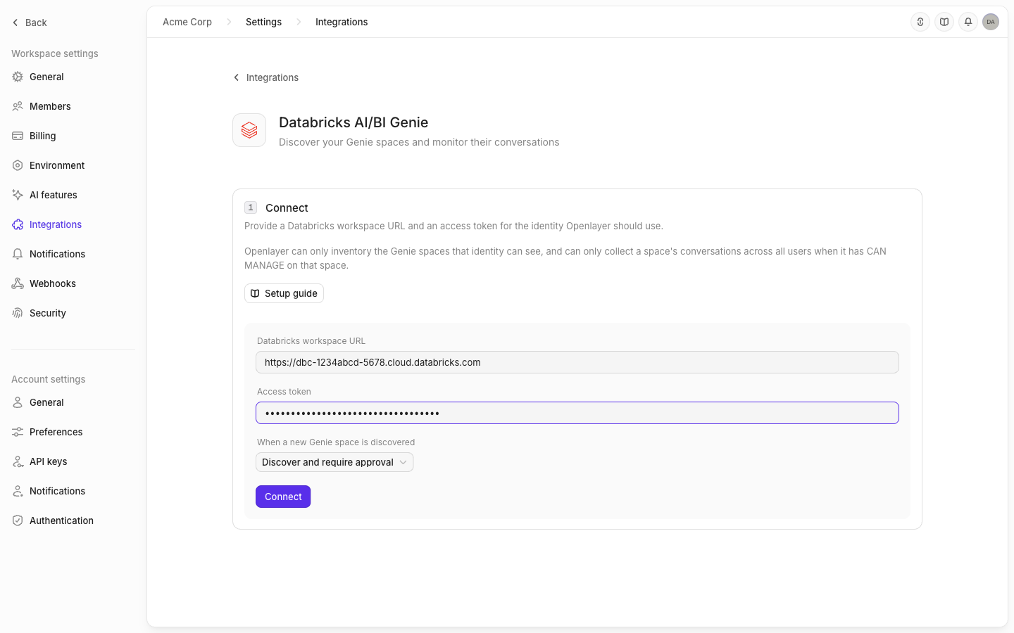The Databricks AI/BI Genie connect form in Openlayer, with a workspace URL, a masked access token, and a registration policy selector