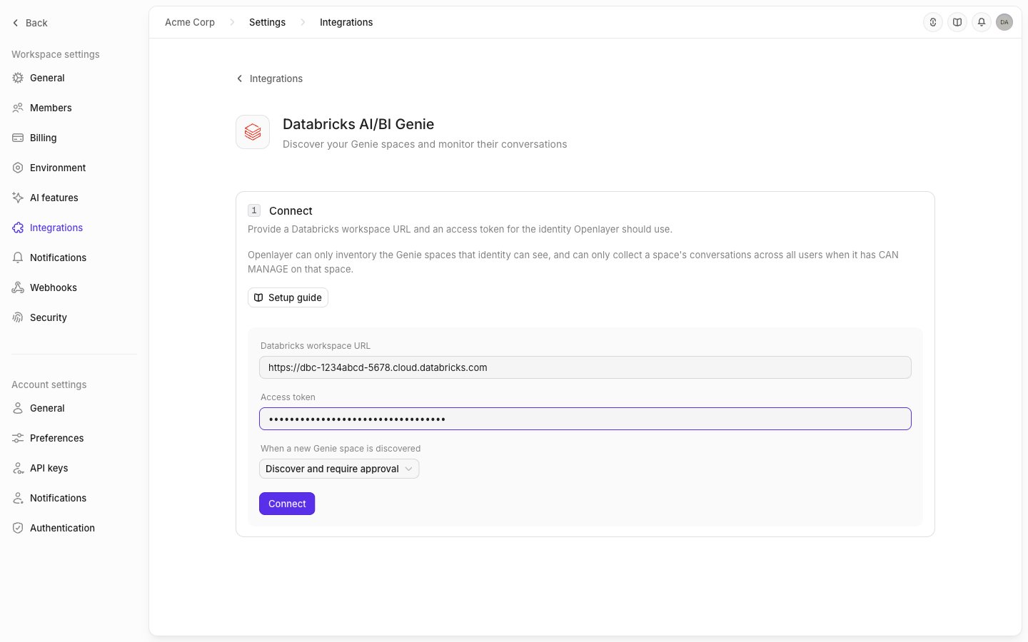 The Databricks AI/BI Genie connect form in Openlayer, with a workspace URL, a masked access token, and a registration policy selector
