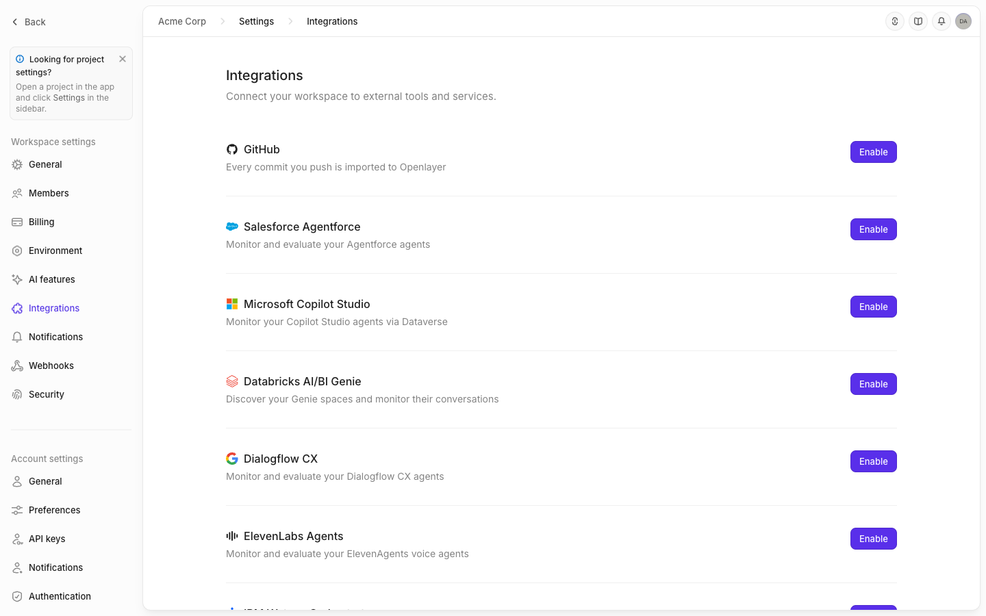 The Openlayer integrations page, with Databricks AI/BI Genie listed and an Enable button