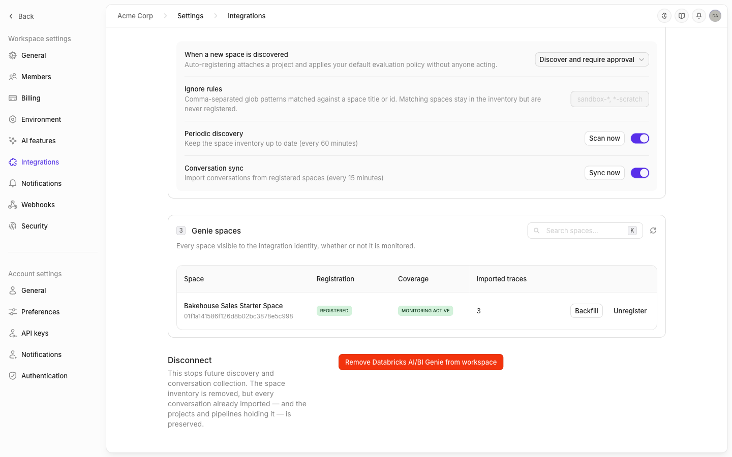The Databricks AI/BI Genie governance policy settings and spaces inventory in Openlayer, showing one registered space with Monitoring active coverage and three imported traces