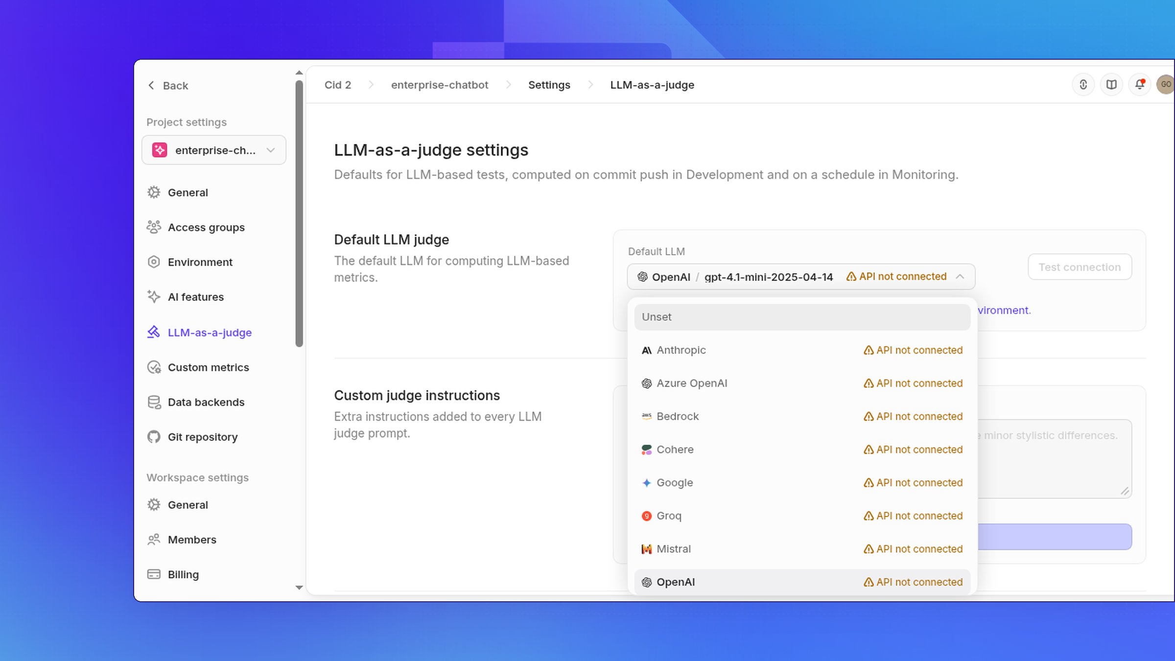 LLM-as-a-judge settings with an OpenAI model selected as the default LLM