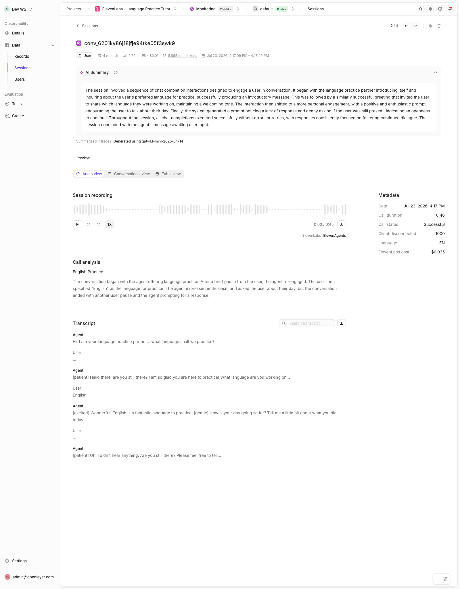 Session page for an ElevenLabs conversation: recording player, call analysis, transcript, and metadata