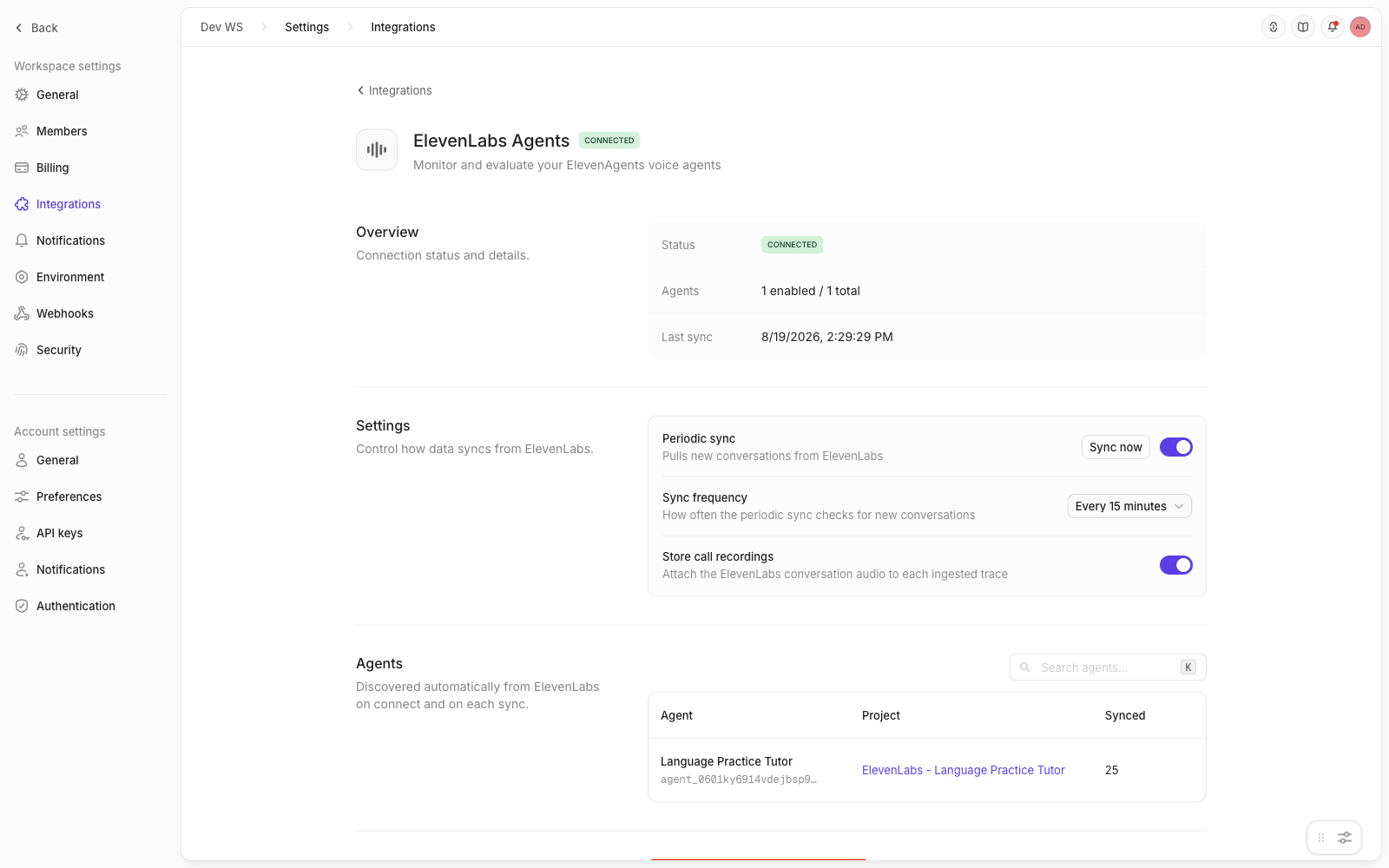 ElevenLabs integration connected in Openlayer, showing sync settings and the discovered agents table