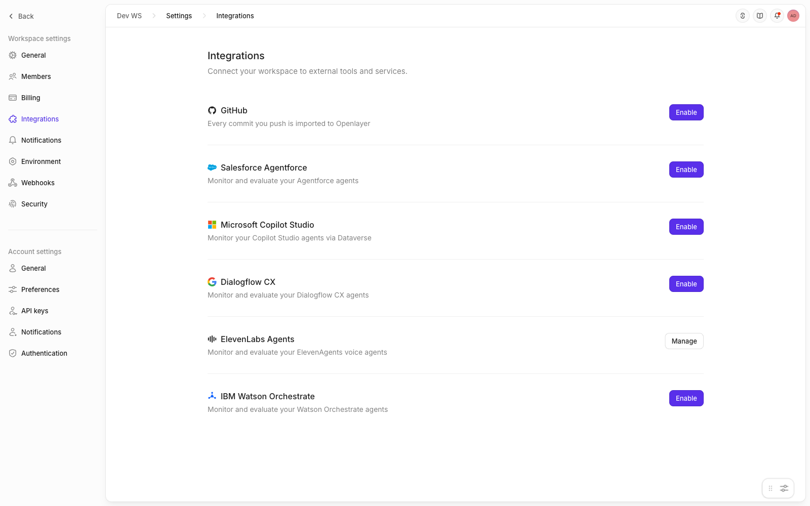 ElevenLabs Agents card in Openlayer workspace settings