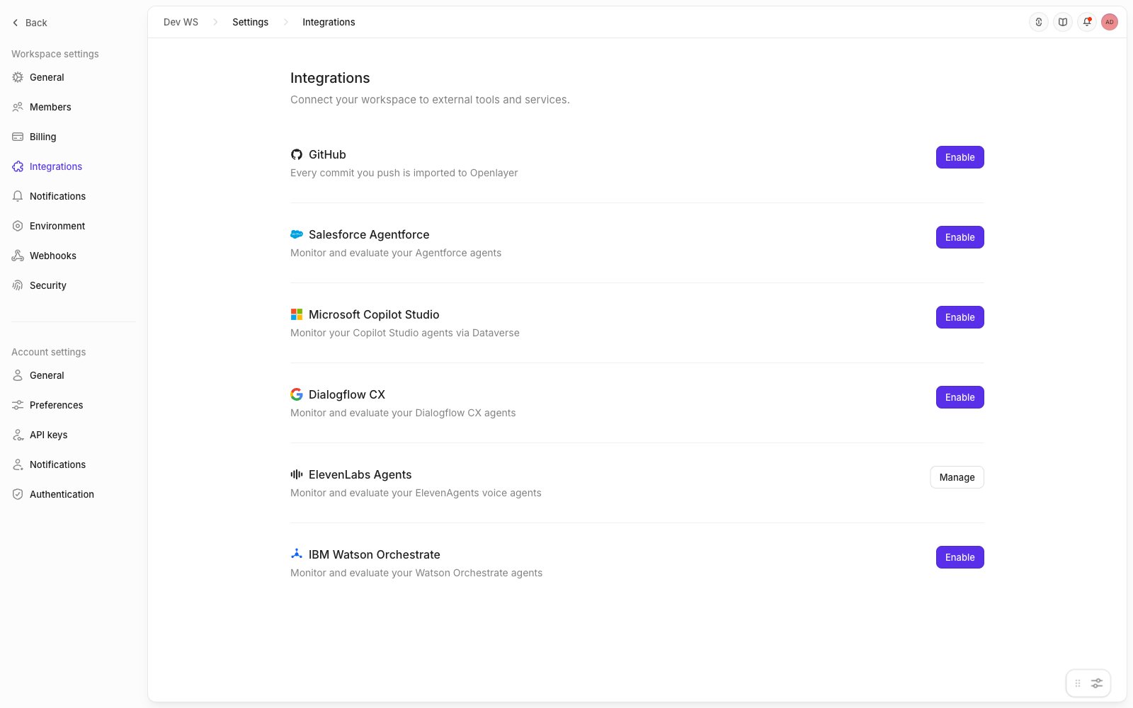ElevenLabs Agents card in Openlayer workspace settings