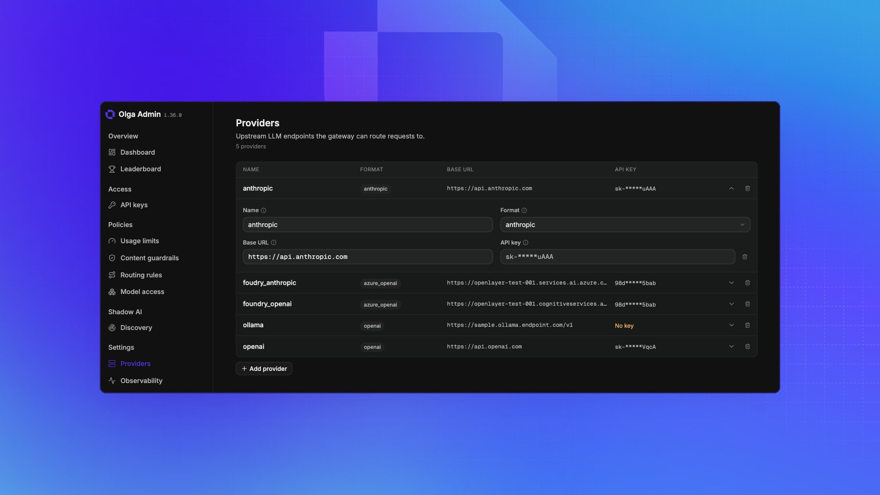 Connecting a provider on the Providers page