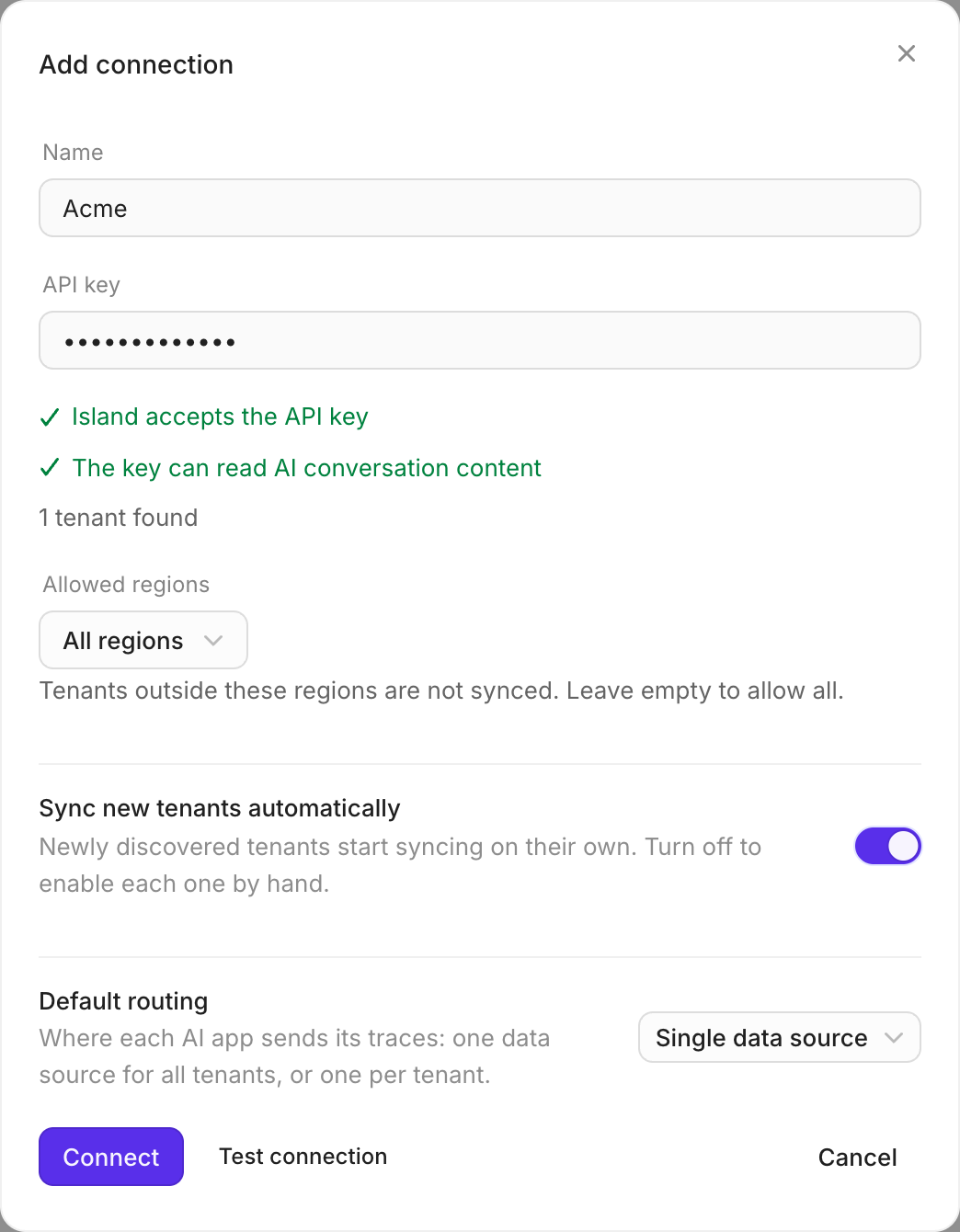 The Island Add connection dialog in Openlayer, with the connection name Acme, a masked API key, the checks Island accepts the API key and The key can read AI conversation content, 1 tenant found, and the Connect and Test connection buttons