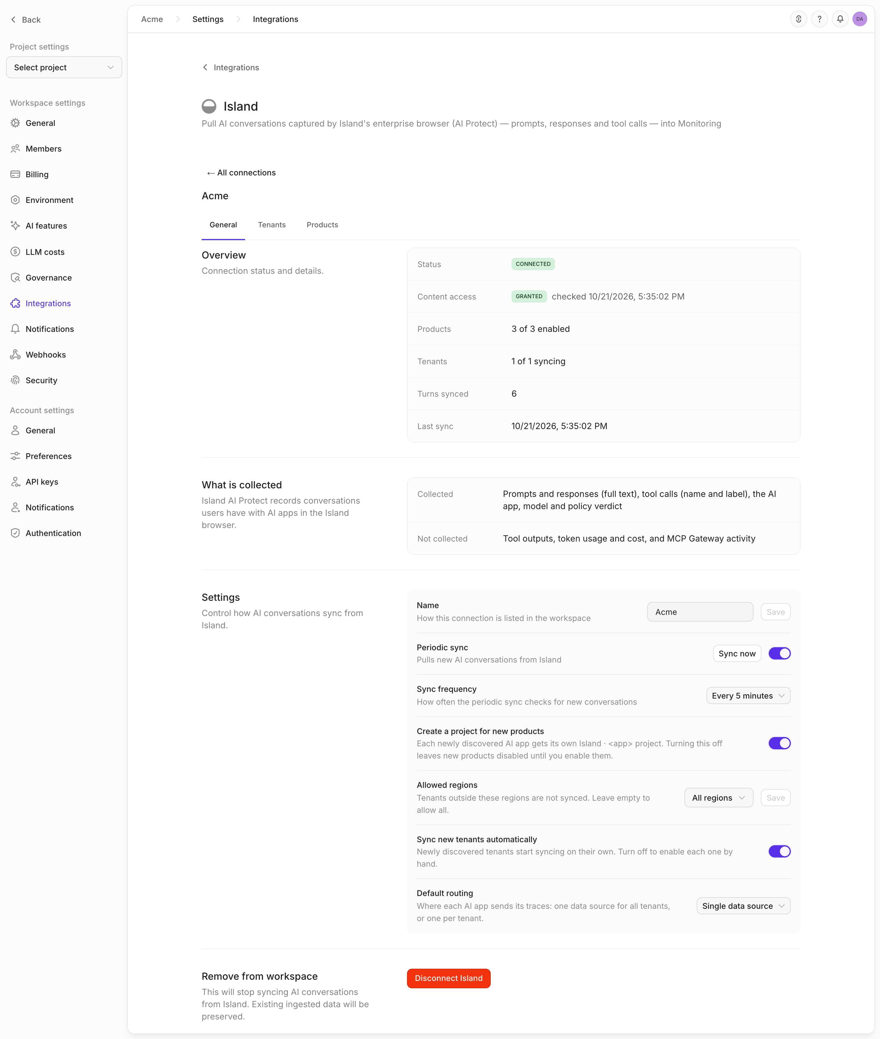 The Island connection's General tab: the overview (Connected, content access granted, 3 of 3 products enabled, 1 of 1 tenant syncing, 6 turns synced), what is collected, and the Settings section with Periodic sync, Sync frequency set to Every 5 minutes, and Create a project for new products turned on