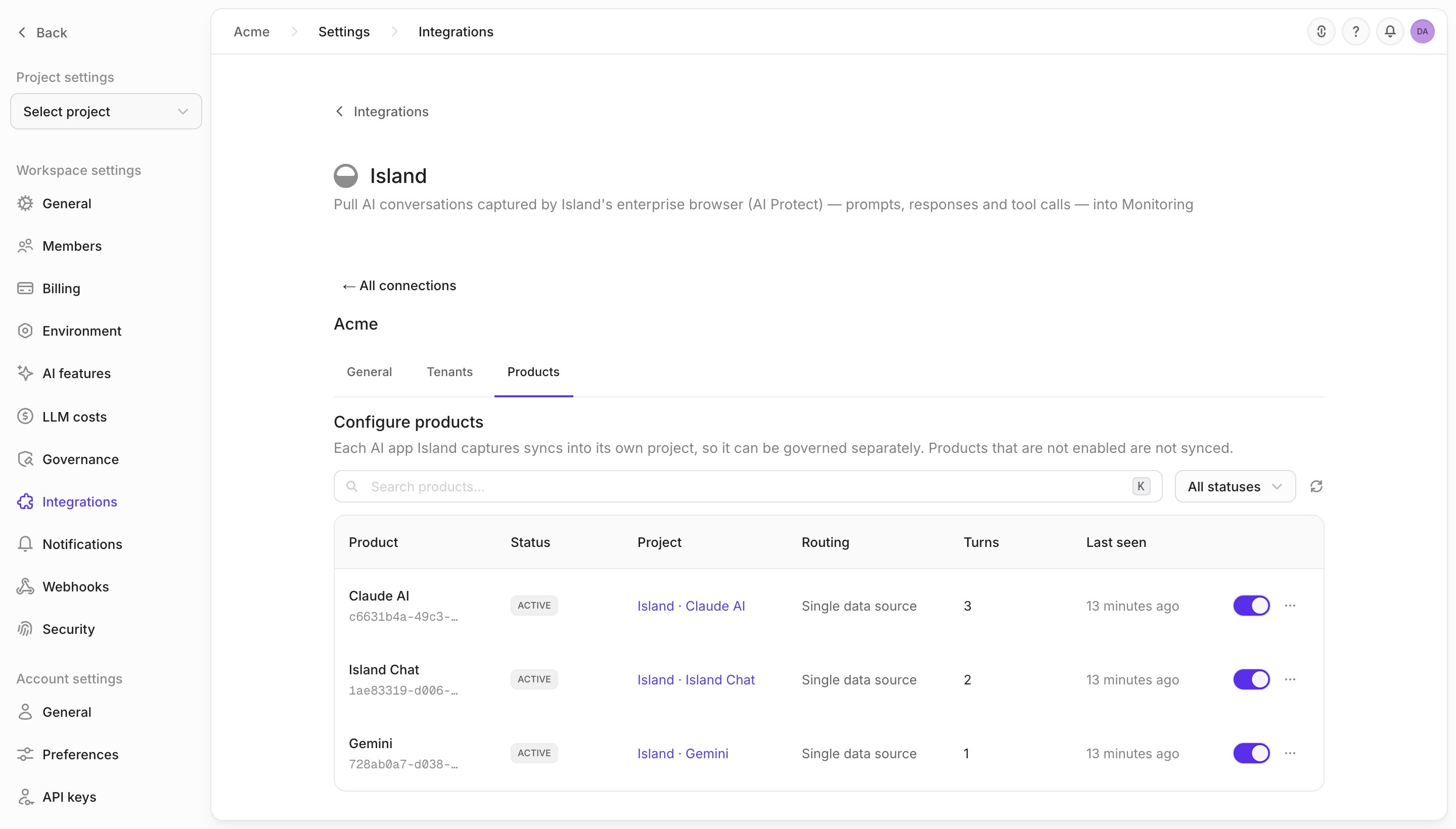 The Island Products tab with Claude AI, Island Chat, and Gemini, each active and mapped to its own Island · app project