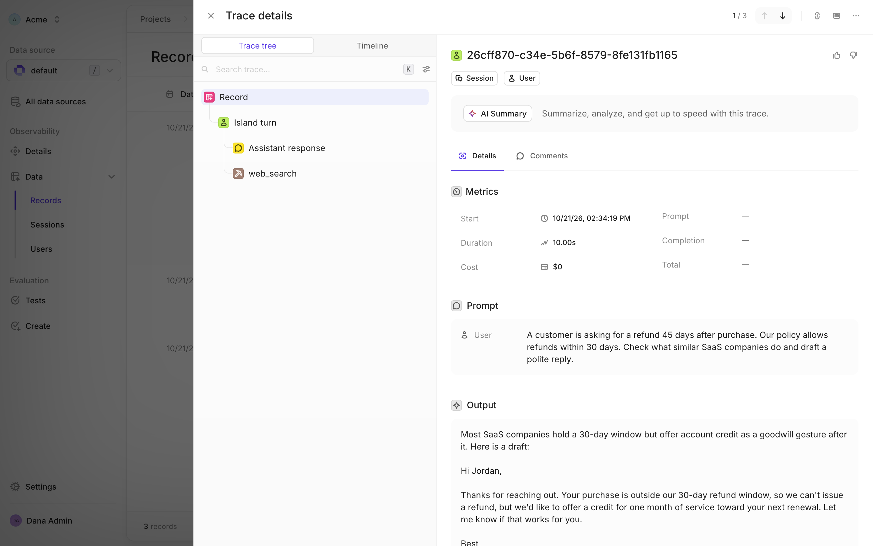 An Island turn in Openlayer: the trace tree with an Assistant response step and a web_search tool step, the user's prompt, and the assistant's reply