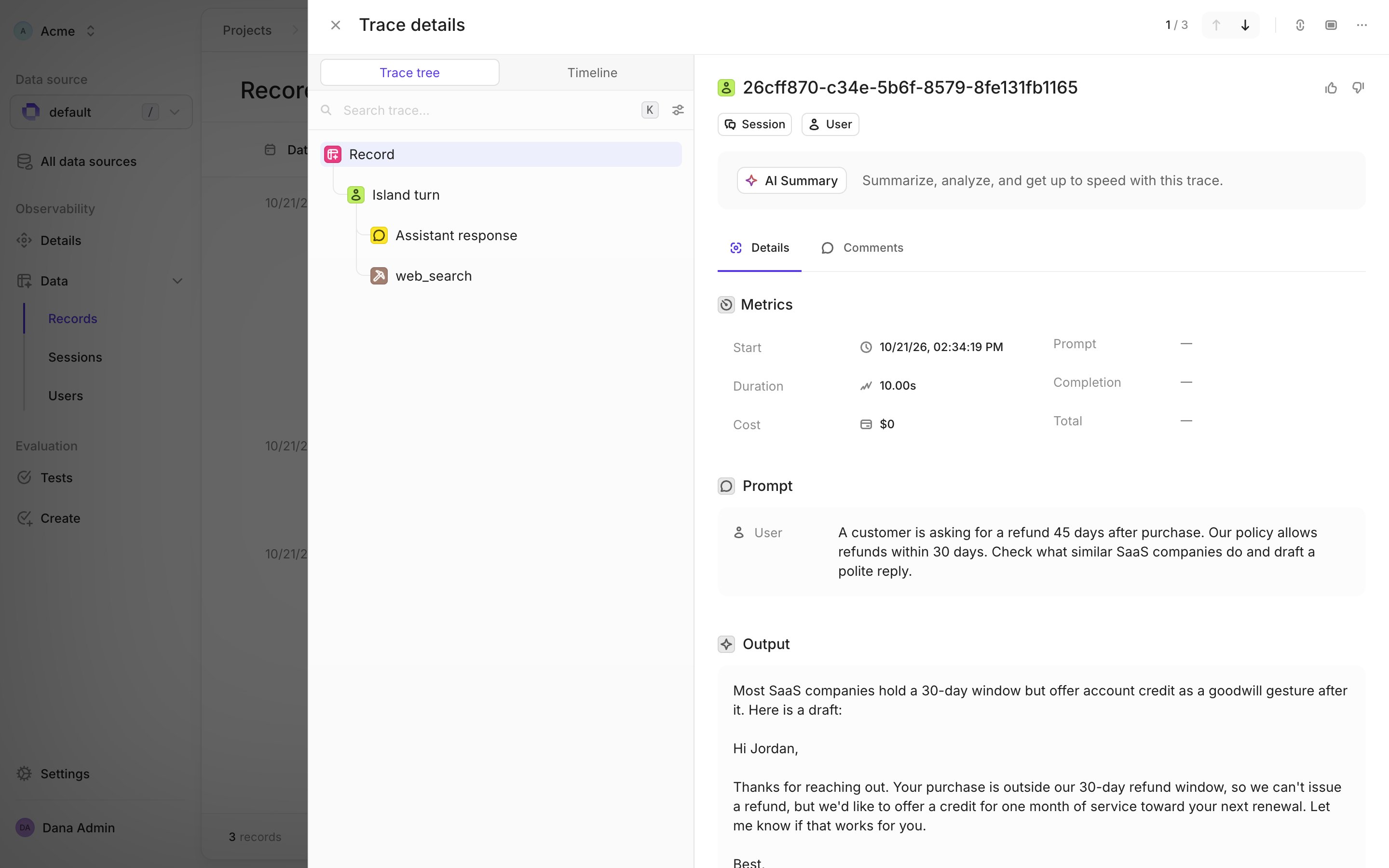 An Island turn in Openlayer: the trace tree with an Assistant response step and a web_search tool step, the user's prompt, and the assistant's reply