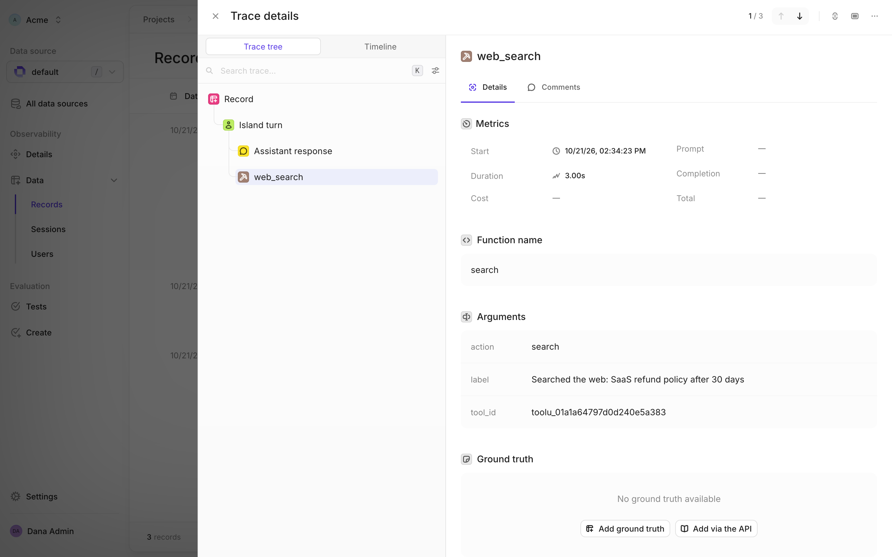 A web_search tool step from Island, showing its action, label, and tool ID