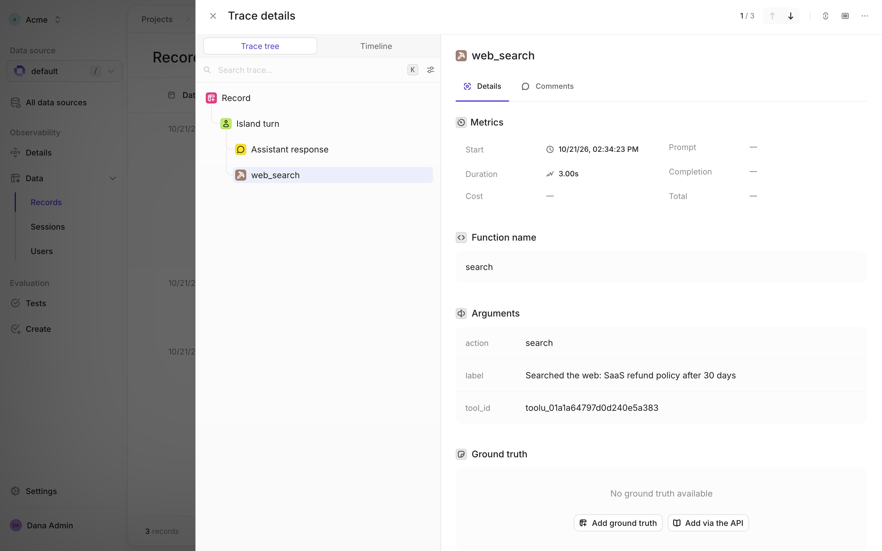 A web_search tool step from Island, showing its action, label, and tool ID