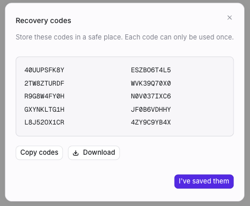 Recovery codes modal with copy and download options