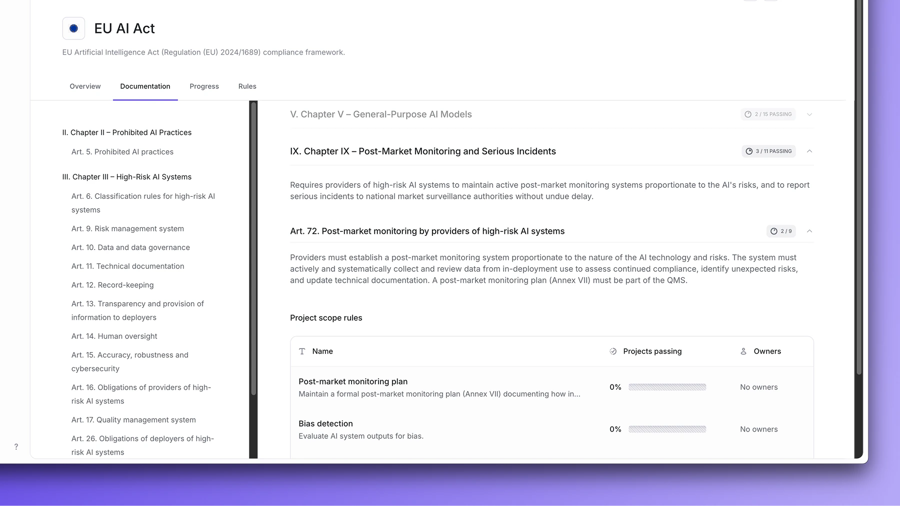 Framework documentation tab showing standard text mapped to rules