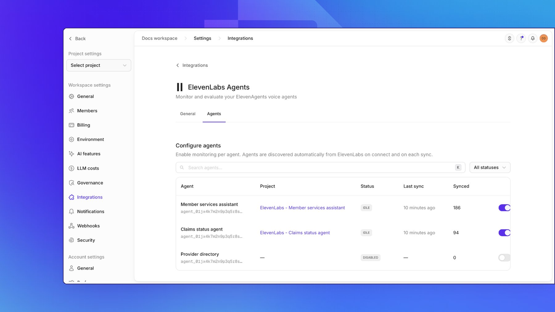 The Agents tab of the ElevenLabs integration in Openlayer, listing three agents with their linked projects, status, last sync, and synced conversations