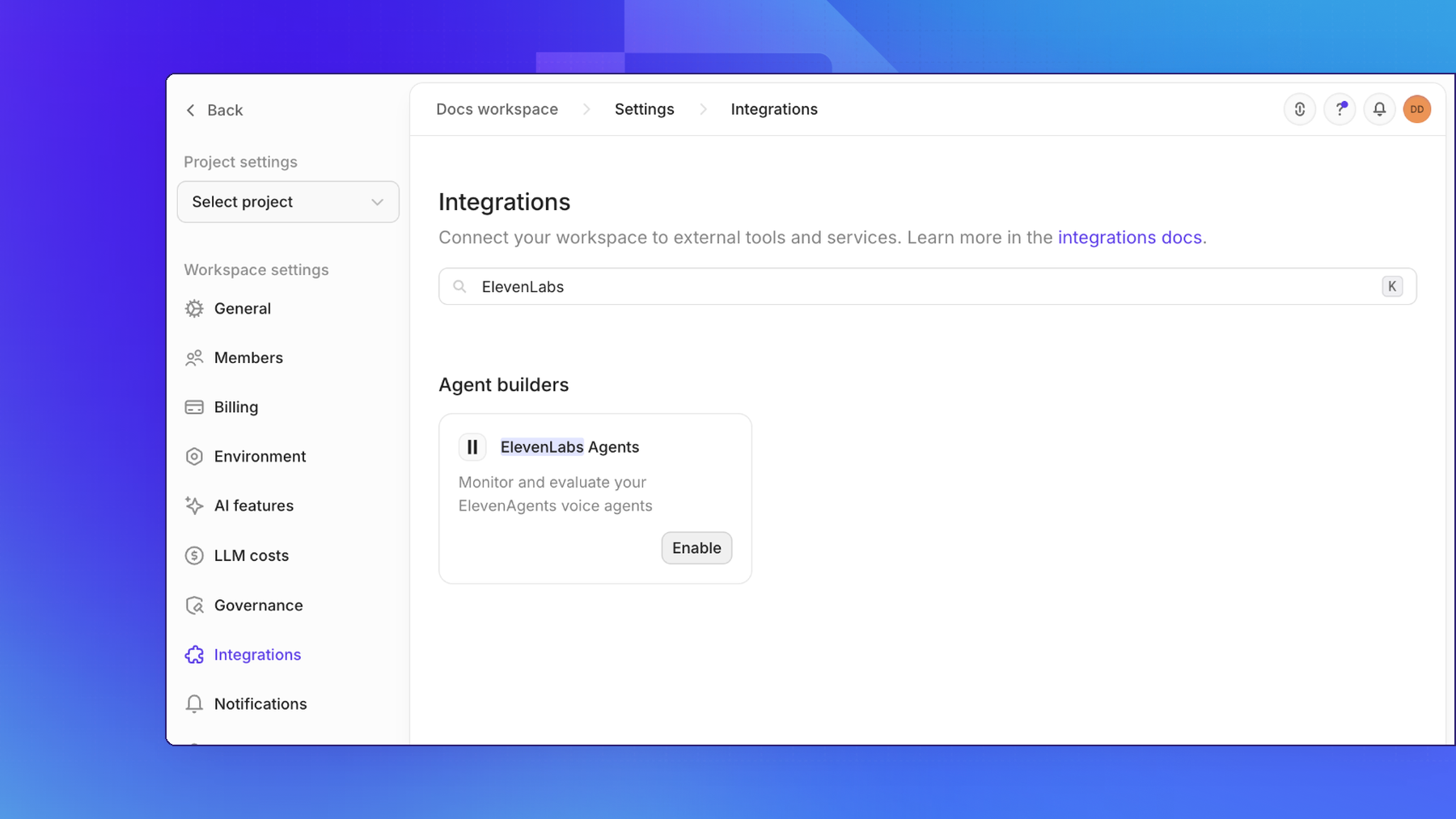 The Openlayer Integrations page, searched for ElevenLabs, with the ElevenLabs Agents card and its Enable button