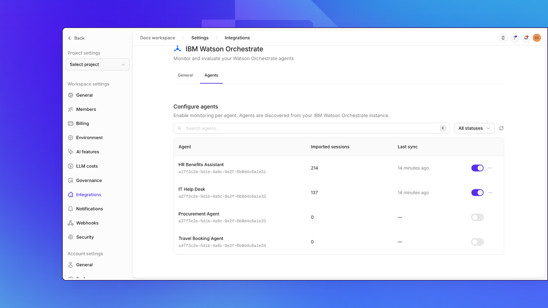 The Agents tab of the IBM Watson Orchestrate integration in Openlayer, listing four agents with their agent IDs, imported sessions, last sync, and enable switch