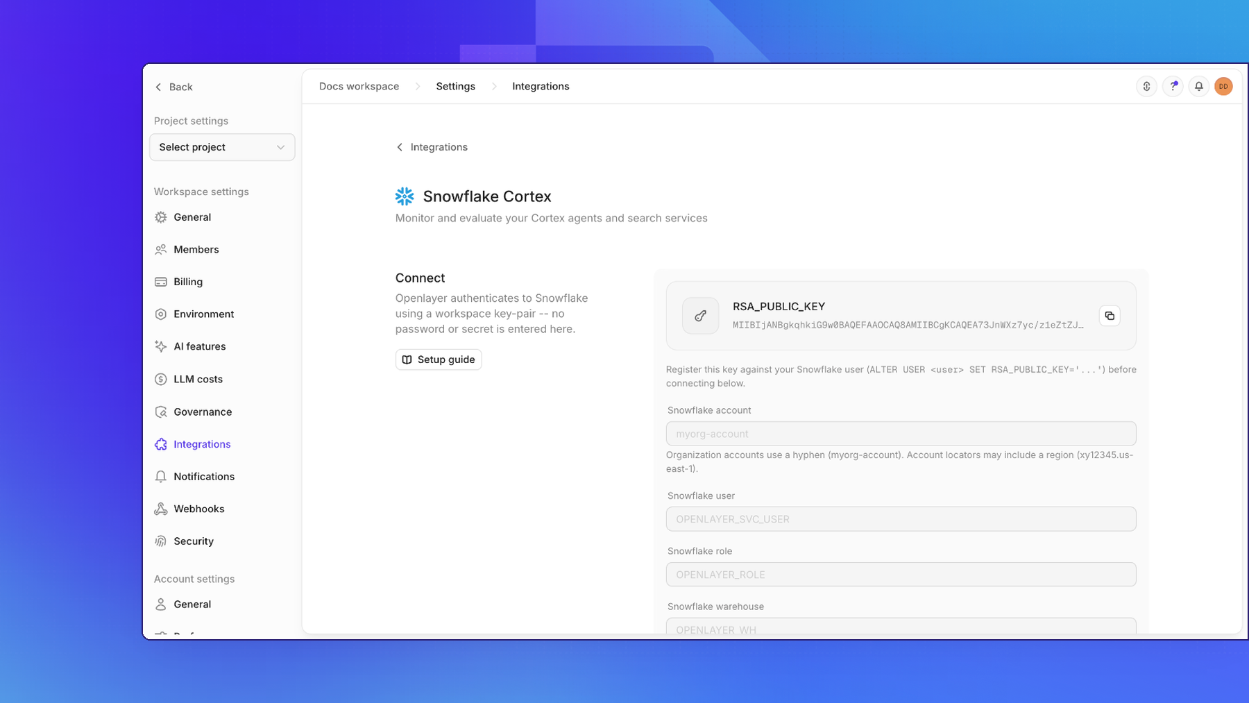 The Snowflake Cortex connect form in Openlayer, with the workspace RSA public key and the Snowflake account, user, role, and warehouse fields