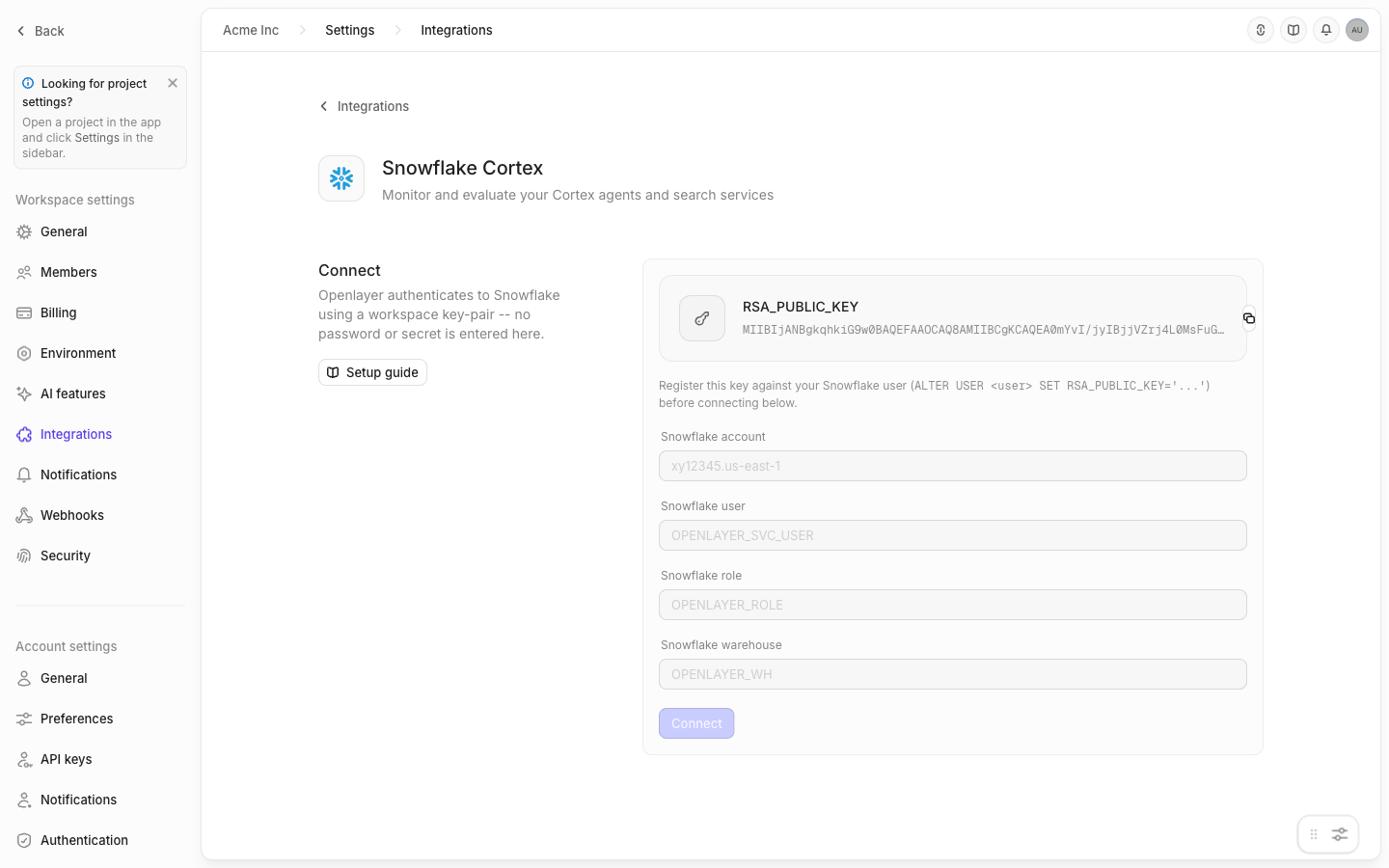 The Snowflake Cortex connect page, showing the workspace RSA public key