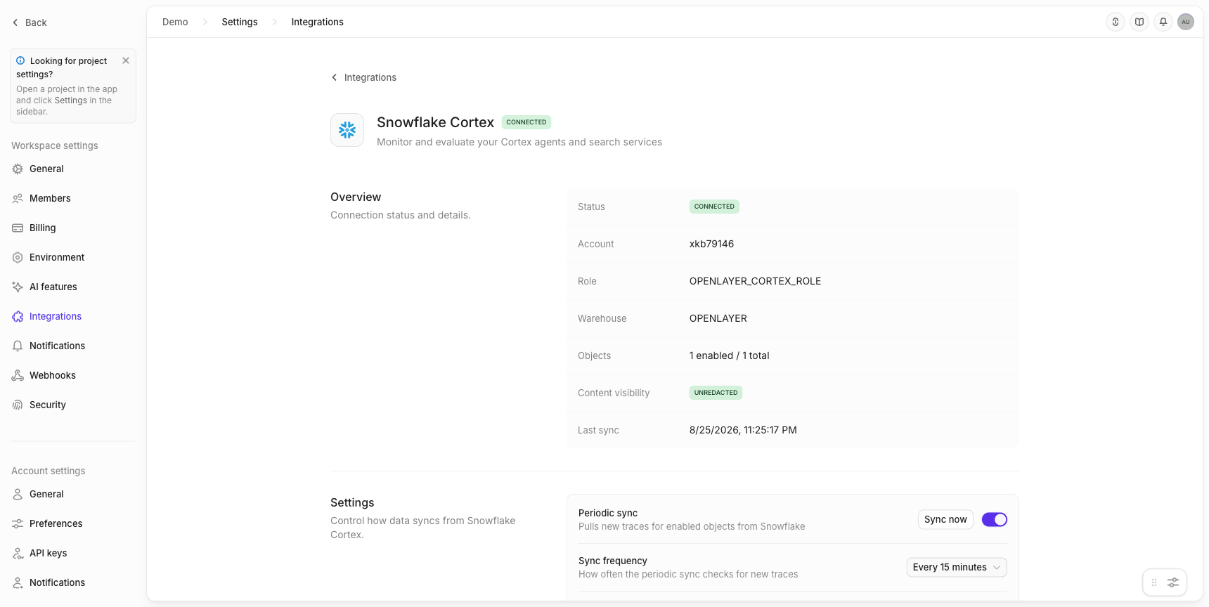 The Snowflake Cortex integration page once connected