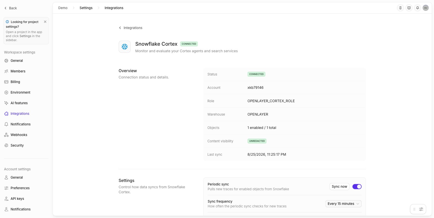 The Snowflake Cortex integration page once connected