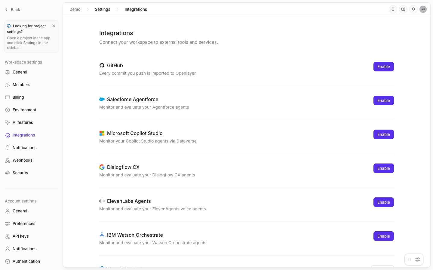 The Openlayer integrations page