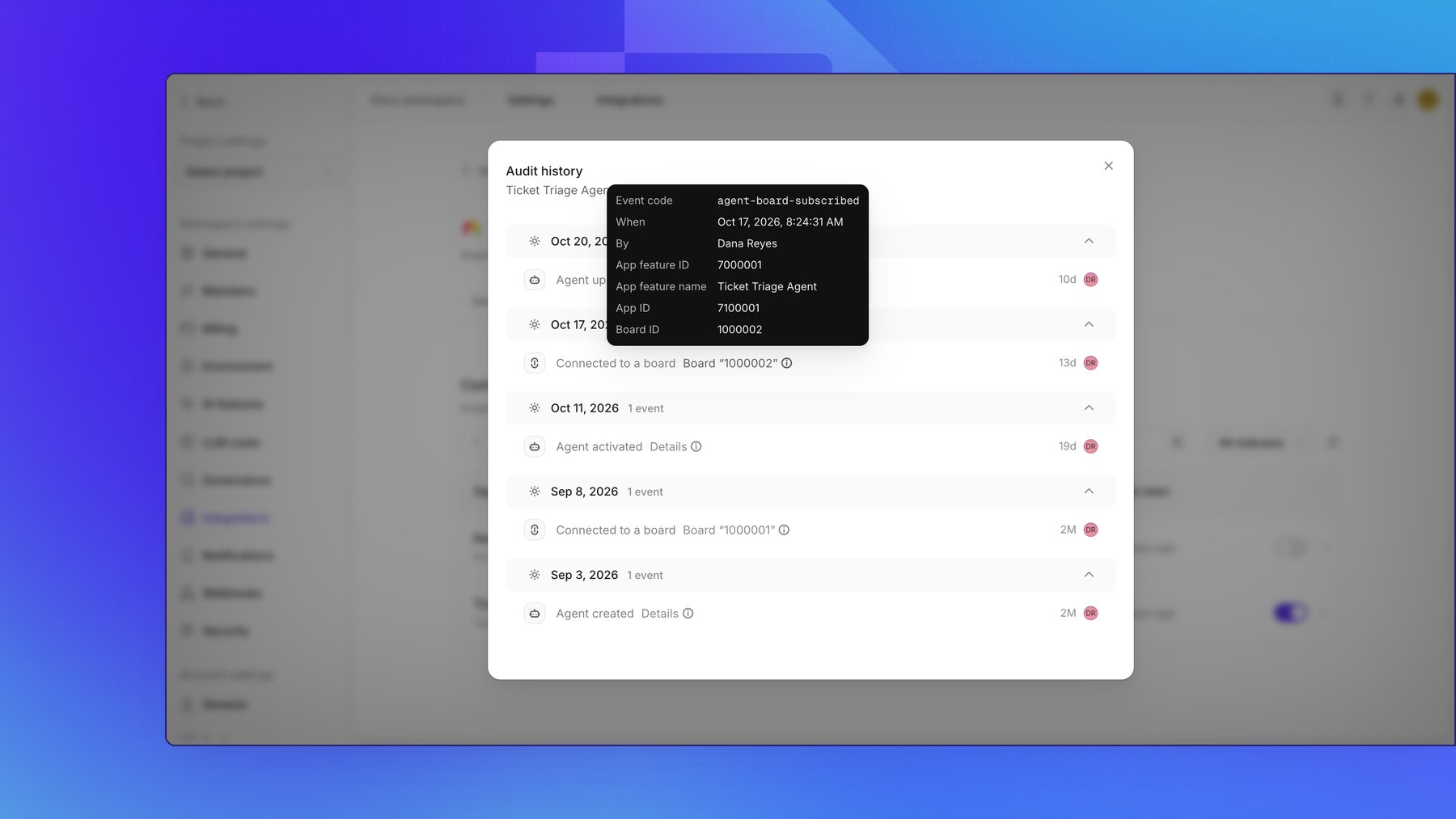 The Audit history modal for Ticket Triage Agent: events grouped by day, each with its action, summary, age, and actor, with the details tooltip of a Connected to a board event showing its event code, time, actor, app feature, app, and board IDs