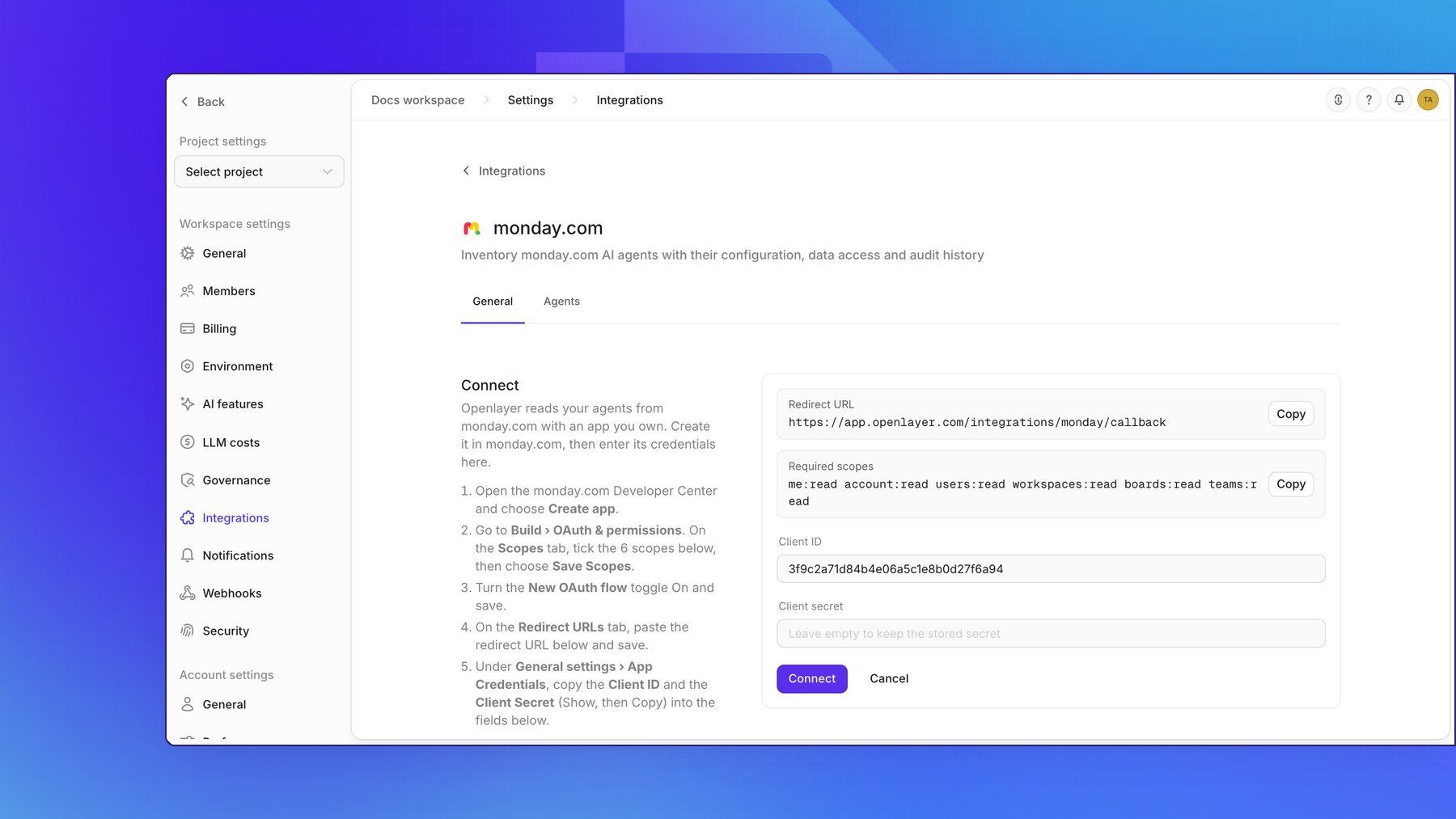 The monday.com Connect form: five setup steps, the Redirect URL and Required scopes with Copy buttons, and the Client ID and Client secret fields