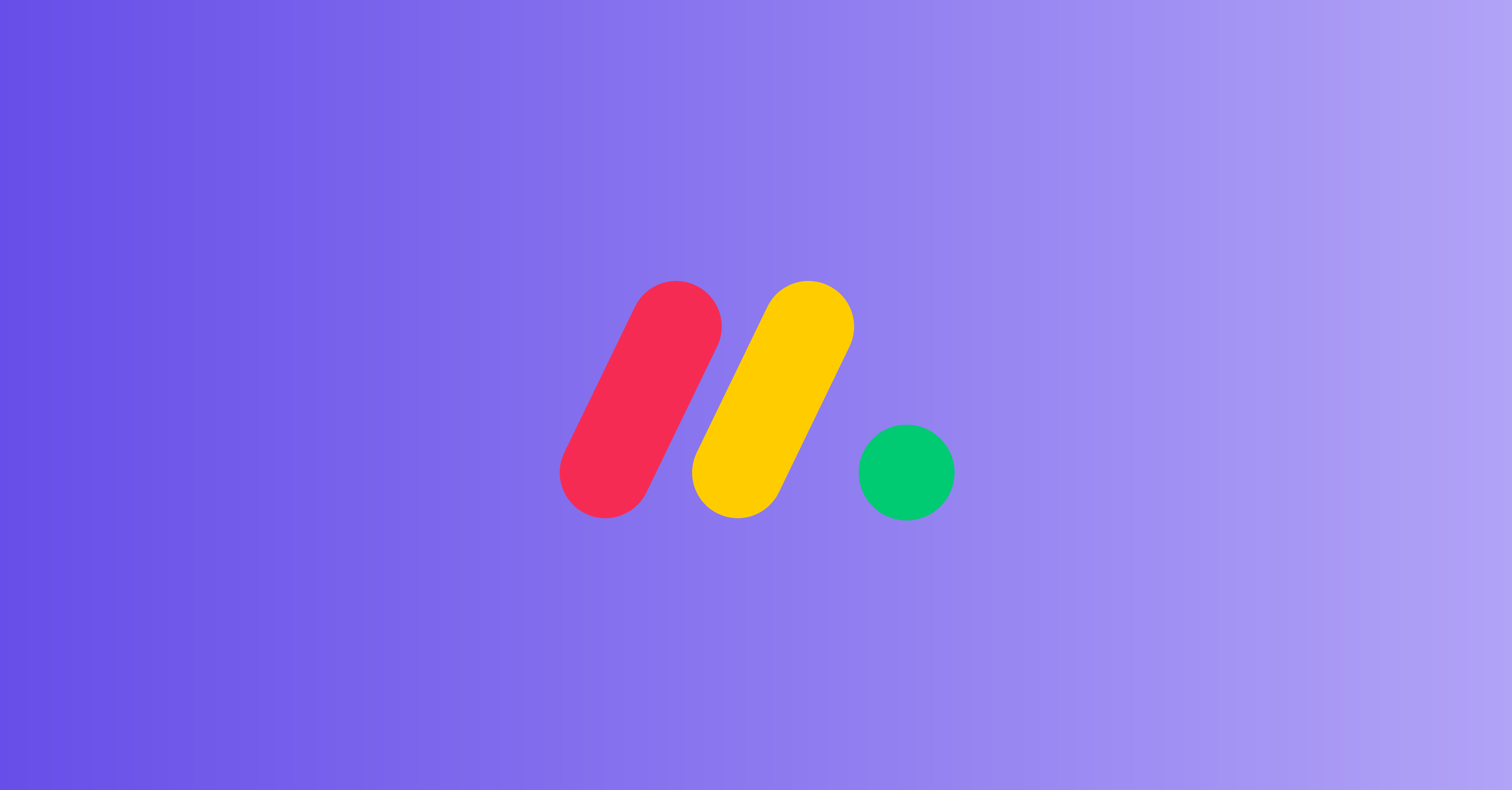 A monday.com-style mark (two slanted bars and a dot) on a purple gradient