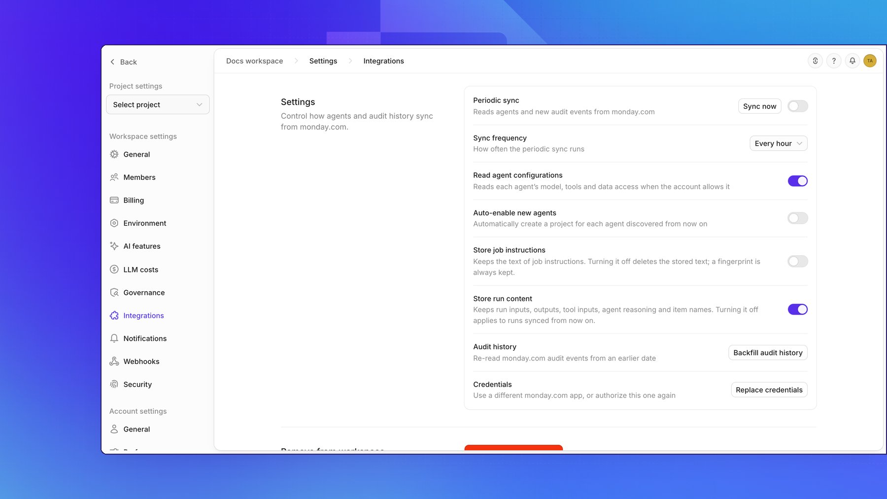 The Settings section of the monday.com integration: Periodic sync with Sync now, Sync frequency set to Every hour, Read agent configurations on, Auto-enable new agents off, Store job instructions off, Store run content on, Backfill audit history, and Replace credentials