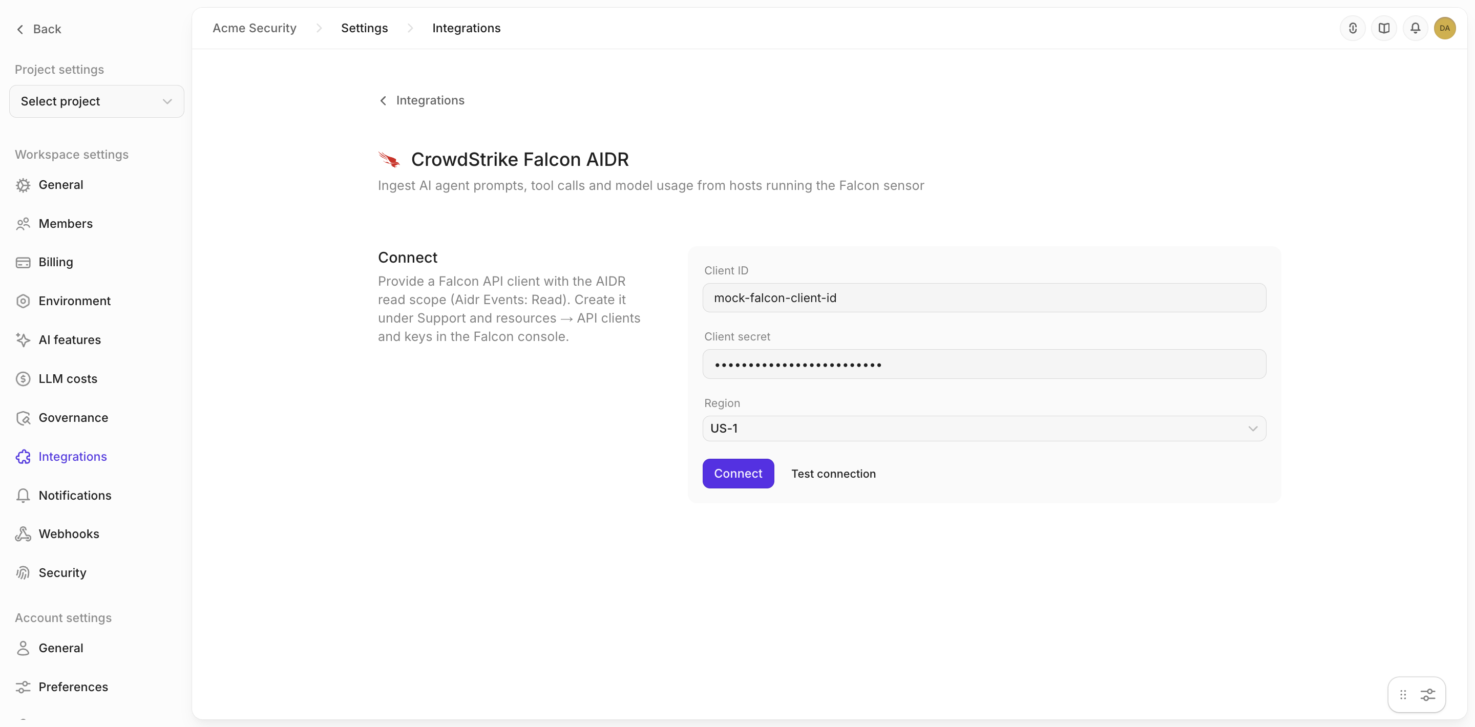 The CrowdStrike Falcon AIDR connect form in Openlayer, with a client ID, a masked client secret, Region set to US-1, and the Connect and Test connection buttons
