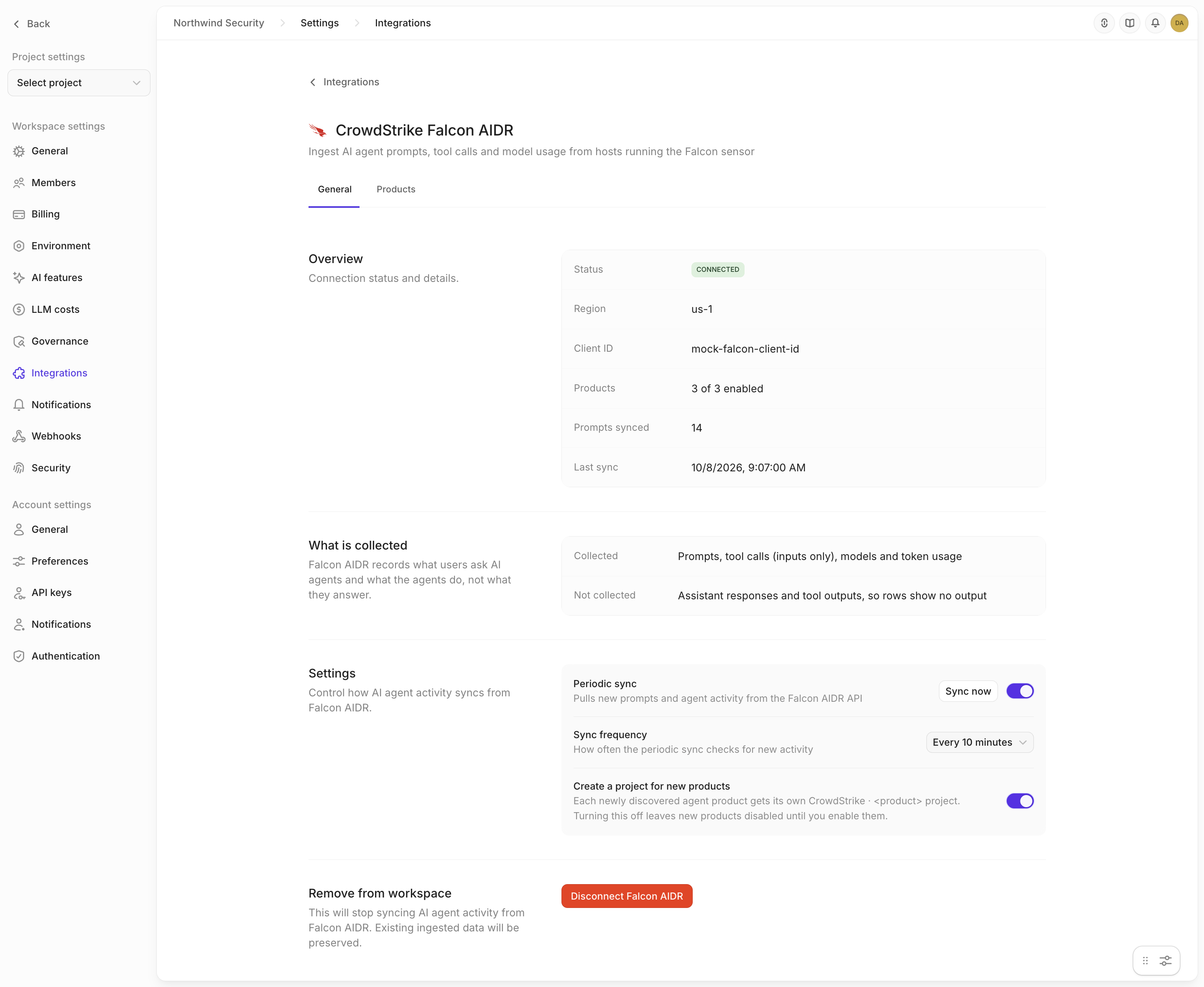 The CrowdStrike Falcon AIDR General tab, with the connection overview (3 of 3 products enabled) and the Settings section: Periodic sync with Sync now, Sync frequency set to Every 10 minutes, and Create a project for new products turned on