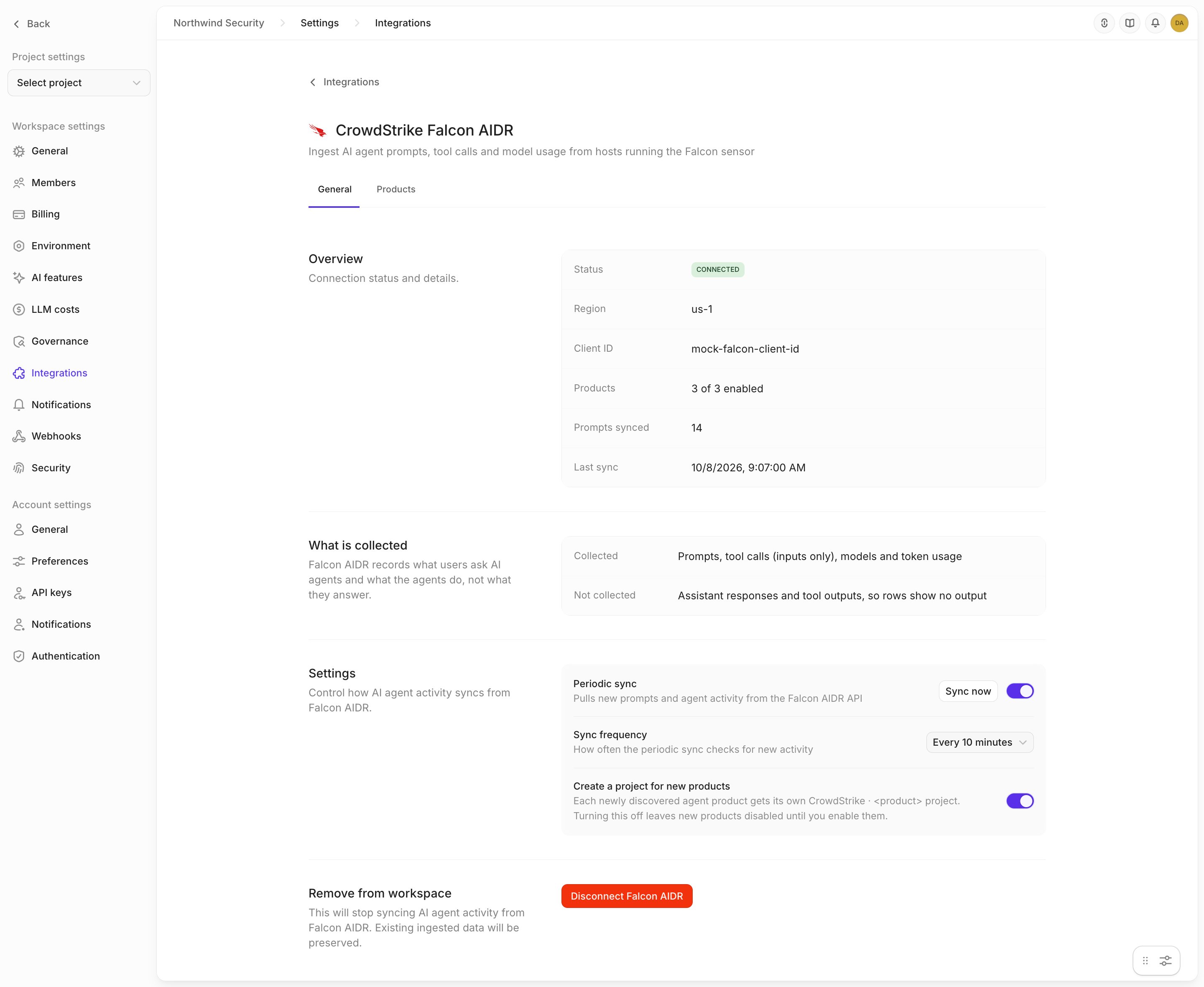 The CrowdStrike Falcon AIDR General tab, with the connection overview (3 of 3 products enabled) and the Settings section: Periodic sync with Sync now, Sync frequency set to Every 10 minutes, and Create a project for new products turned on