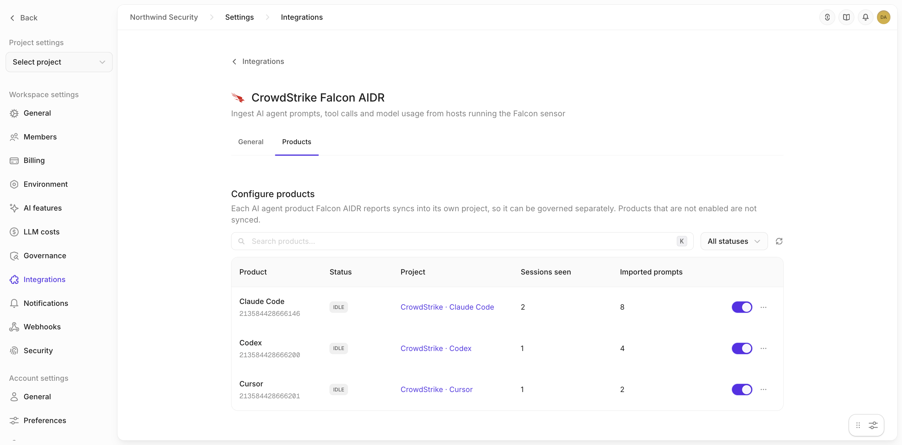 The Products tab, listing Claude Code, Codex, and Cursor, each idle and syncing into its own CrowdStrike · product project, with sessions seen, imported prompts, and the enable switch